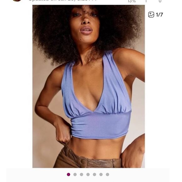 UO Top Satin Blue Cross Back Crop Blouse V Plunge Cross Back Bralette XS - Picture 6 of 7